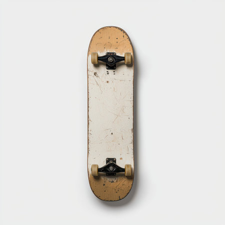 Vintage Skateboard Deck with Worn Surface and Classic Design Isolated on Clean Background for Urban Lifestyle and Sports Themesの素材
