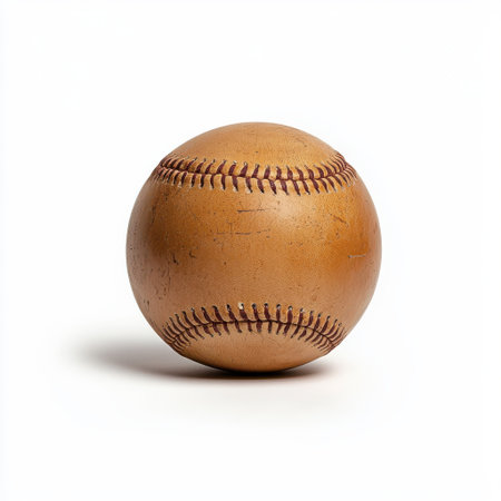 Vintage Leather Baseball with Distressed Texture and Classic Stitching on a Clean White Background for Sports-Themed Designs and Marketing Projectsの素材