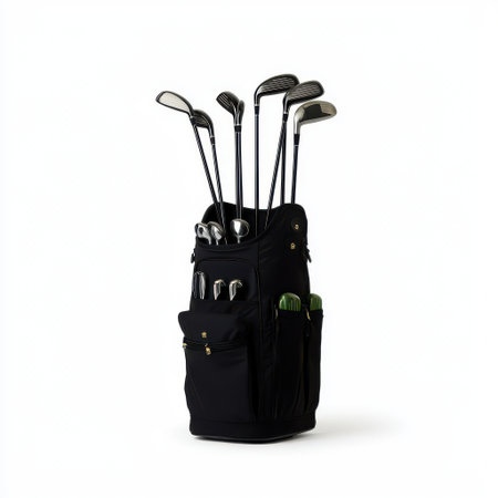 Black golf bag equipped with various golf clubs isolated on a white background showcasing sports gear for enthusiasts and professional playersの素材