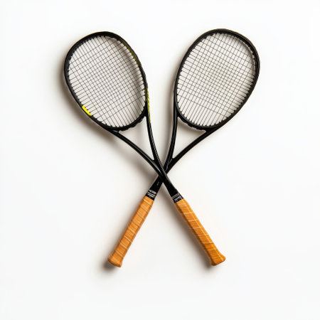 Two Tennis Rackets Crossed on a Clean Background Highlighting Sports Equipment and Activity for Fitness and Recreationの素材