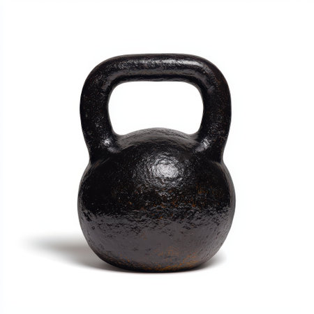 Heavy black kettlebell isolated on white background for fitness training, strength workouts, and weightlifting exercises in home gym or professional settingの素材