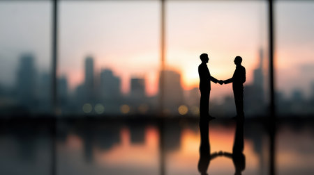 Professional Business Partners in Silhouette Shaking Hands Against City Skyline at Sunset, Symbolizing Partnership and Collaboration in Corporate Environmentの素材