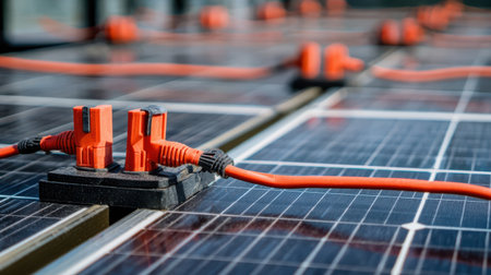 Close-up View of Solar Panel Connections with Bright Orange Cables in a Renewable Energy Settingの素材