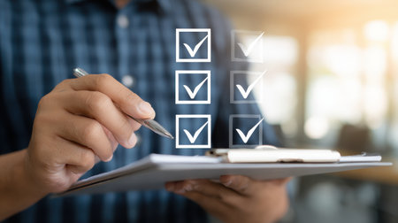 Person Holding Clipboard with Checklist and Pen in Modern Office Environment, Concept of Task Completion, Organization, Productivity, and Planningの素材