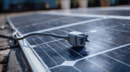 Close-up of a Solar Panel with Electric Plug Depicting Renewable Energy and Sustainable Practices in Modern Energy Solutionsの素材