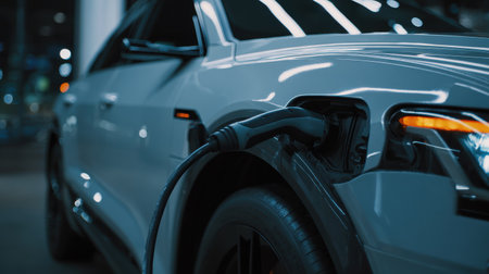 Electric vehicle charging at modern station with sleek design, showcasing advanced technology and eco-friendly transportation options for urban driving needsの素材