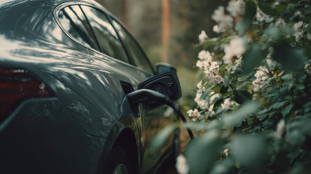 Electric vehicle charging at a green park surrounded by beautiful white flowers and lush greenery in a peaceful outdoor settingの素材