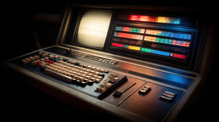 Vintage Computer Control Panel with Colorful Lights and Buttons in a Dark Environment for Retro Technology Enthusiasts and Historical Displaysの素材