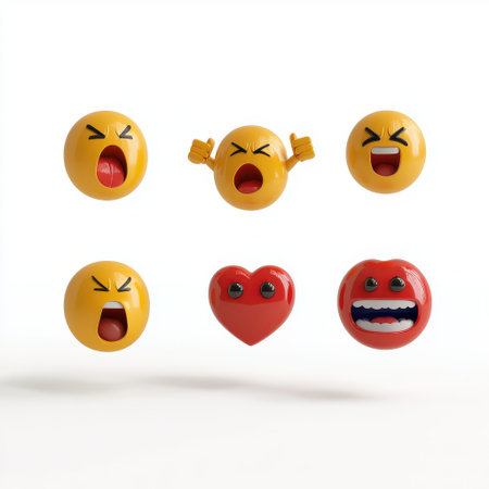 Colorful and Expressive Emoji Collection on White Background Featuring Various Emotions and Facial Expressions in Graphic Design Styleの素材