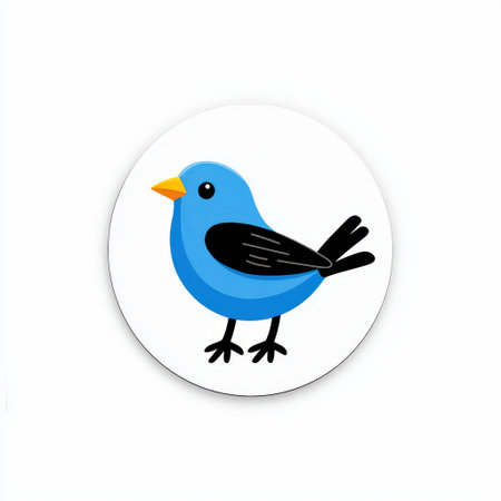 Cute cartoon style blue bird with black accents and yellow beak on a white circular background, perfect for children's illustrations and playful designsの素材