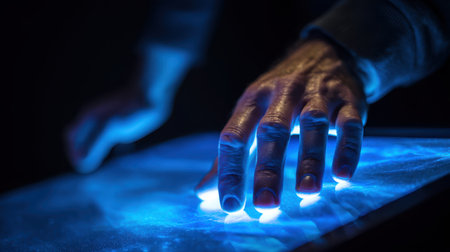 Illuminated Hand Interaction on a Touch Surface with Blue Glow in Low Light Setting, Emphasizing Technology and Human Connection in Modern Digital Lifeの素材