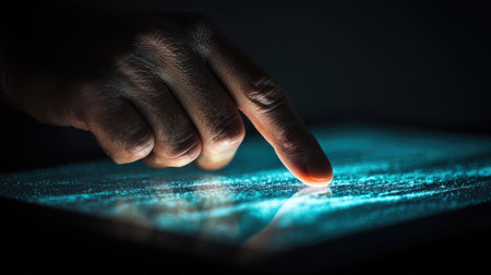Close-up of a Human Finger Touching a Glowing Touchscreen Display in a Dark Environment for Technology and Communication Conceptsの素材
