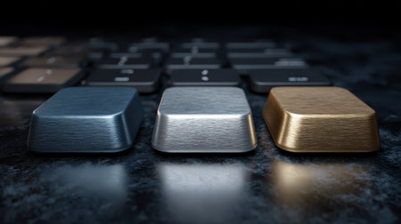 Metallic Keyboard Keys in Blue, Silver, and Gold on a Dark Background with Blurred Buttons and a Modern Technology Aesthetic for Creative Designsの素材