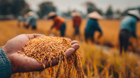 Hand Holding Fresh Rice Grains in Beautiful Asian Rice Field with Farmers Working in Background During Harvest Seasonの素材