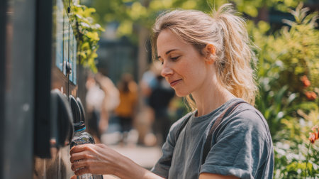 Young Woman Enjoys Refreshing Experience at Outdoor Water Filling Station in Lively Urban Environment Surrounded by Nature and Peopleの素材