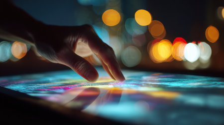 Hand Touching Digital Screen with Colorful Illuminations and Bokeh Effect at Night, Technology Interaction, Modern User Interface Conceptの素材