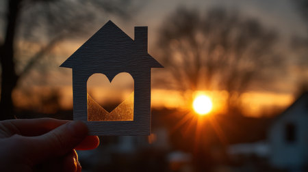 Heart Shaped Window in Paper House Against Beautiful Sunset Backdrop, Symbolizing Home, Love, and Warmth in Nature's Golden Hourの素材