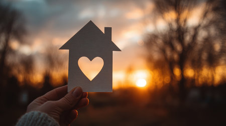 Hand Holding Paper House with Heart Cutout Against Sunset Sky, Symbolizing Love for Home and Family in a Serene Natural Settingの素材