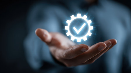 Hand with glowing gear icon and checkmark symbolizing success, efficiency, and technology in a business or digital environmentの素材