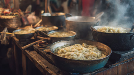 Vibrant Street Food Scene with Steaming Bowls of Noodles in Woks at an Outdoor Night Market Filled with Culinary Delights and Busy Vendorsの素材