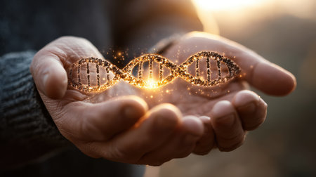 Hands Holding Glowing DNA Strand Surrounded by Sparkles and Light, Symbolizing Genetic Research and Biotechnology Advances in Natureの素材