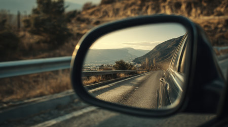 Scenic Drive Reflection in Car Side Mirror Capturing Serene Landscape of Mountain Road at Sunset with Urban Horizon in Backgroundの素材