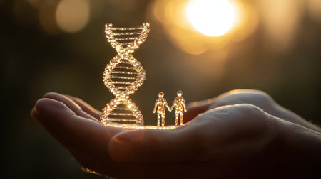 Beautiful hands holding a glowing DNA strand symbolizing genetic connection and human relationships under the warm glow of a sunset in a serene environmentの素材