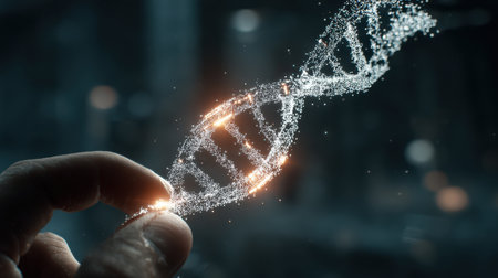 Hand Holding Sparkling DNA Helix Structure with Futuristic Background Depicting Genetic Technology and Scientific Advancement in a Digital Worldの素材