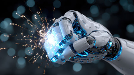 Futuristic robotic fist generating sparks with glowing blue accents against a blurred background symbolizing technology and innovation in modern designの素材