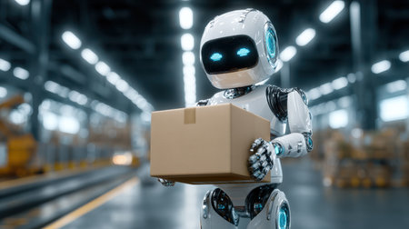 Futuristic robot holding a cardboard box in a high-tech warehouse showcasing advanced automation and robotics in modern logistics and distribution environmentsの素材