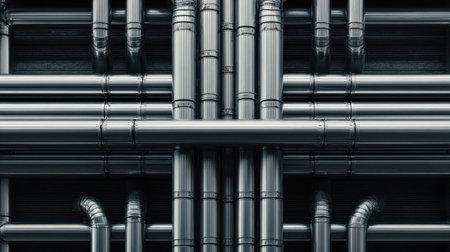 Industrial Pipes and Tubes Arrangement in Modern Architecture with Shiny Metal Surfaces and Complex Layouts for Manufacturing and Infrastructure Applicationsの素材