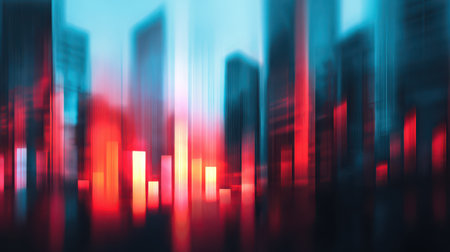 Abstract urban landscape with vibrant colors, blurred skyscrapers and glowing lights representing modern city life, energy and technology in motionの素材