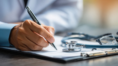 Professional healthcare provider writes patient notes with stethoscope and clipboard on desk in medical office setting for care and documentation purposesの素材