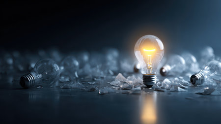 Glass light bulb shining brightly among shattered bulbs, symbolizing creativity, innovation, inspiration, and ideas in a dark and moody settingの素材