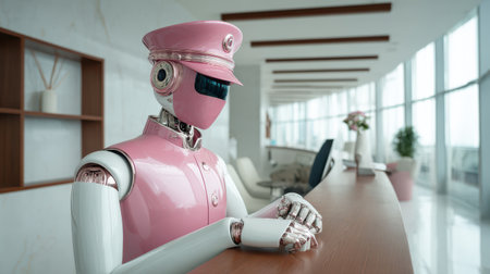 Futuristic Robot Receptionist in Modern Office Setting with Minimalistic Decor and Bright Ambient Light, Showcasing Advanced Technology in Serviceの素材