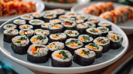 Freshly Made Sushi Rolls Displayed on a White Plate Surrounded by Delicious Asian Cuisine in a Vibrant, Colorful Settingの素材