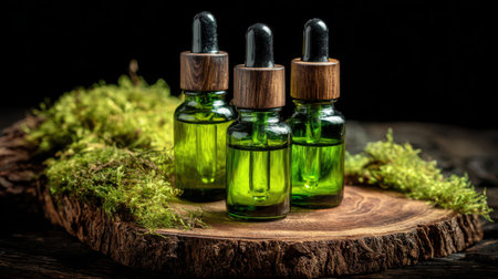 Green glass dropper bottles on a wooden slice with moss, showcasing natural skincare products in a serene and earthy setting for wellness and beautyの素材