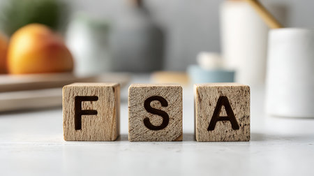 Wooden blocks with letters F S A arranged on a table with fresh apples in soft focus, featuring a cozy kitchen setting and aesthetic details.の素材