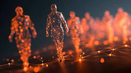 Abstract digital representation of walking figures using glowing lines and nodes, symbolizing technology, connection, and human interaction in a virtual environmentの素材