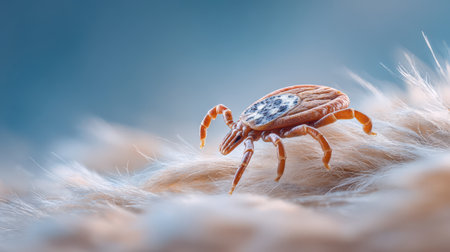 Close-Up of a Tick Crawling on Soft Fur with a Blurred Background in Natural Lightの素材