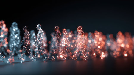 Abstract representation of human figures with glowing connections showcasing the concept of digital networking and social interaction in a futuristic environmentの素材