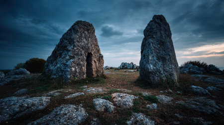 Two Ancient Stone Monoliths at Dusk with Dramatic Sky Above Surrounded by Rocky Landscape and Lush Greenery in an Atmospheric Settingの素材