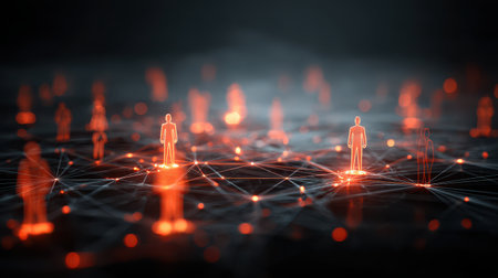 Abstract concept of digital network with glowing human figures representing connectivity, communication, and relationships in a modern technological environmentの素材