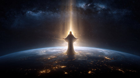 Celestial Being Surrounded by Cosmic Light Over Earth with Stars and Galaxies in the Background, Symbolizing Spiritual Presence and Enlightenmentの素材