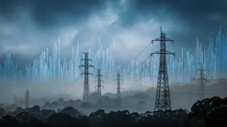 Power Lines and Transmission Towers in Misty Landscape with Digital Data Overlay Representing Energy Flow and Connectivity in Modern Timesの素材