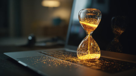 Hourglass with Glowing Sand on Laptop Keyboard Symbolizing Time Management and Productivity in a Modern Workspaceの素材