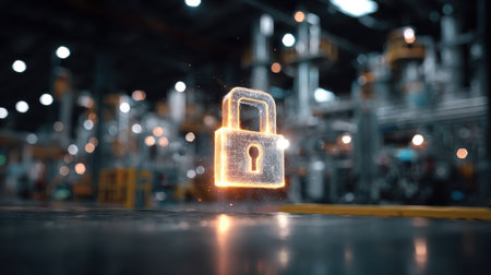 Transparent digital lock symbol floating in industrial workspace representing security, privacy, and technology in a modern manufacturing environmentの素材