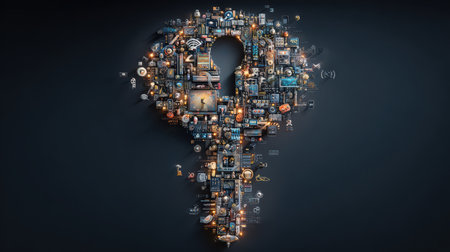 Creative interpretation of a light bulb formed by numerous technology icons representing innovation, ideas, and the digital age backgroundの素材