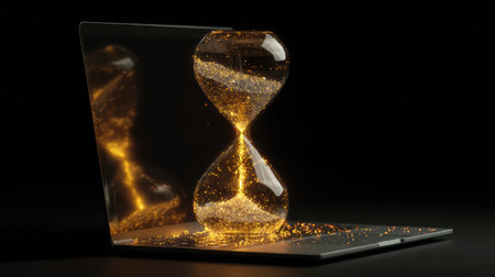 Stunning digital hourglass emerging from a laptop screen with vibrant golden sand swirling gracefully, representing time and technology in harmonyの素材