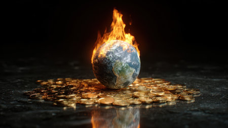 Planet Earth Surrounded by Gold Coins and Flames Symbolizing Financial Crisis and Environmental Issues in a Dark Themed Conceptual Artworkの素材